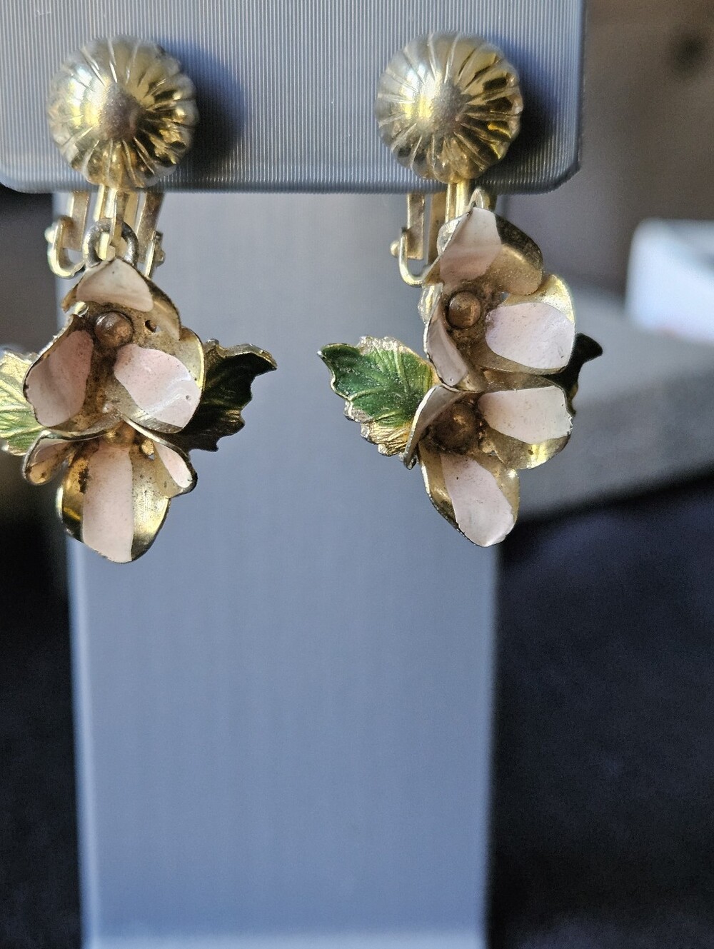 Vintage Floral Clip-On Earrings - Pink and Green
